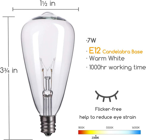 25-Pack Bulbs,7-Watt E12 ST40 Bulbs ST40 Edison Replacement Light Candelabra Base Replacement Clear Glass Light