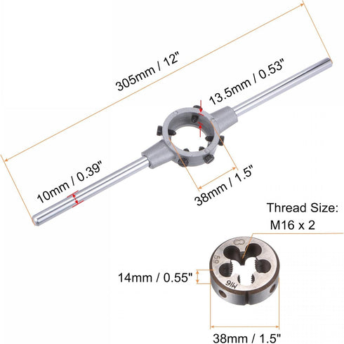uxcell Die Stock Handle Wrench Set, Adjustable Wrench Hand Tool, M16 x 2 Threading Round Die, 38mm Holder