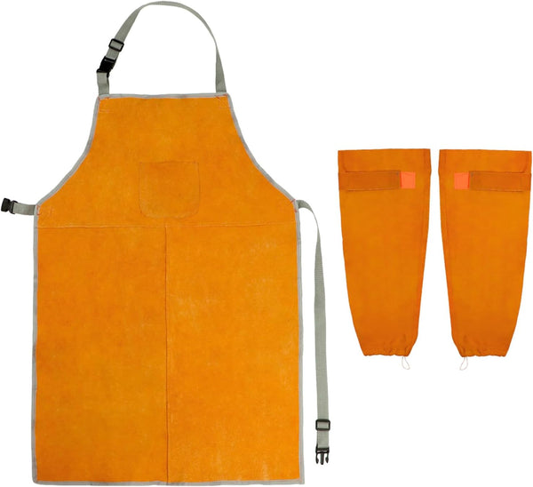 QWORK Welding Apron& Sleeves, Welding Work Protectors Set, Heat and Flame Resistant