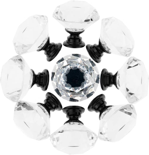 YourGift 12 Pack Diamond Shaped Crystal Glass Drawer Knobs, 30mm Cabinet Pull Handles, Black