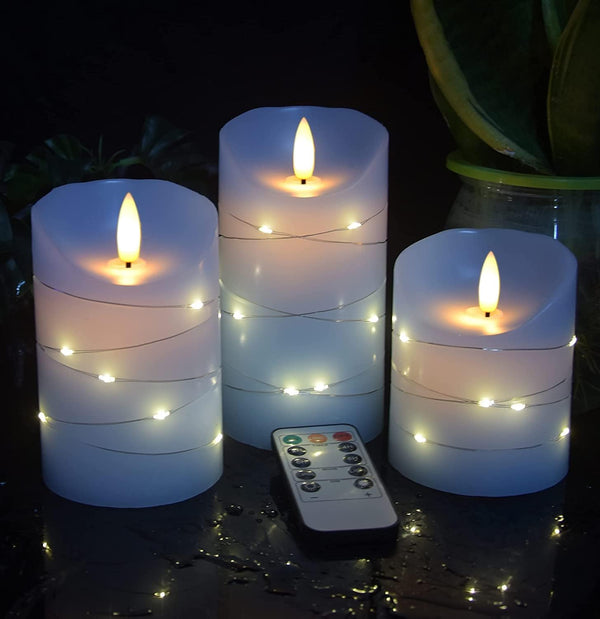 danip Sky Blue LED Flameless Candle with Embedded Starlight String, 3 LED Candles,