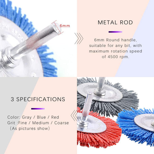 Swpeet 3Pcs 3Inch Abrasive Nylon Wheel Brush Set, 80# 120# 240# for Rust/Corrosion/Paint Removal
