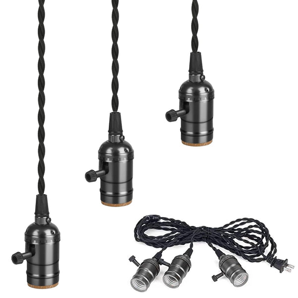 Vintage Plug-in Pendant Light Kit with 1-to-3 Hanging E26/E27 Sockets, Industrial Hanging