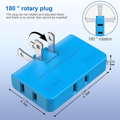 Flat Wall Plug Adapter AC Outlet Extender, 2-Prong Swivel Mini Indoor Wall Tap Plug, Type A, Blue (2 Pack)