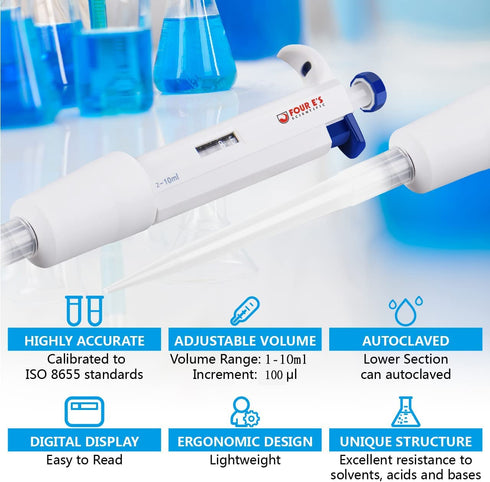 FOUR E'S SCIENTIFIC 2-10 ML High Accurate Micropipette, Single-Channel Adjustable Variable Volume Pipettor