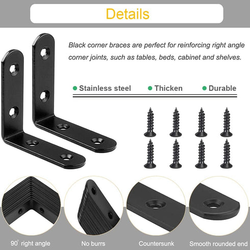 12Pcs 2.5 Inch 90 Black Corner Brace L Brackets Stainless Steel Heavy Duty Shelf Bracket for Wood, Shelves, Wall