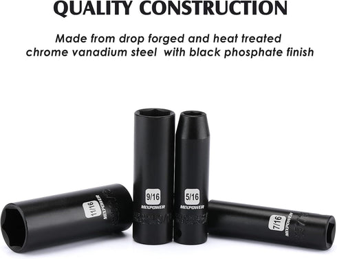 12 3/8-Inch Set, 5/16 1 inch, 6 12 3/8" MIXPOWER Pieces Drive Deep Impact Socket to CR-V, SAE, Point, Deep, Pieces Dr.