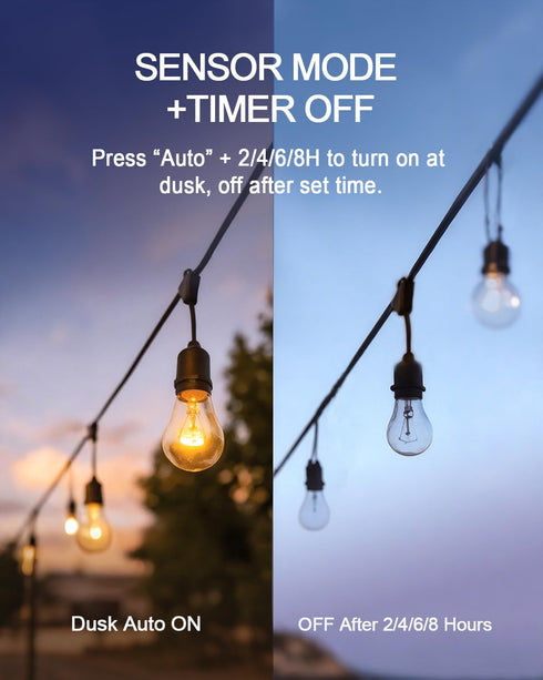 Dimmer 600W Dimmer IP65 Outdoor Plug for String Lights with Remote, Plug-in Switch Dusk-to-Dawn Sensor + Timer, Power