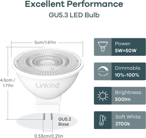 Dimmable MR16 Bulbs, 50W GU5.3 MR16 Bulbs, 12V 5W 2700K 500lm 40 6 Packs Linkind LED Equivalent Bi-Pin Base Low Voltage