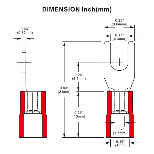 Baomain Fork Spade Terminal Connectors – Insulated, #8 Stud (4.3mm), 22-16 AWG, Red, 100-Pack