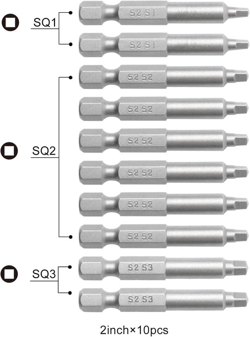 Assorted 10 Pieces Screwdriver Bits, 2 In. Square #1, #2, #3, S2 Steel