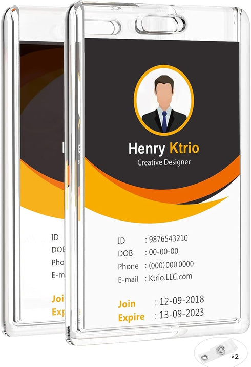 KTRIO 2 Pack Heavy Duty 2-Card Badge Holder, Clear Acrylic ID Card Holder with Easy Access Thumb Hole for Student, Nurse