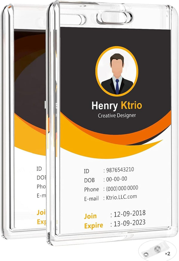 KTRIO 2 Pack Heavy Duty 2-Card Badge Holder, Clear Acrylic ID Card Holder with Easy Access Thumb Hole for Student, Nurse