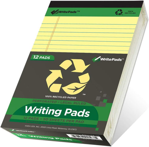 KAISA Legal Pad Writing Pads, Narrow Ruled 5"x8" 50 Sheets Perforated Recycled Paper Notepad, Yellow/Canary (12 pads)