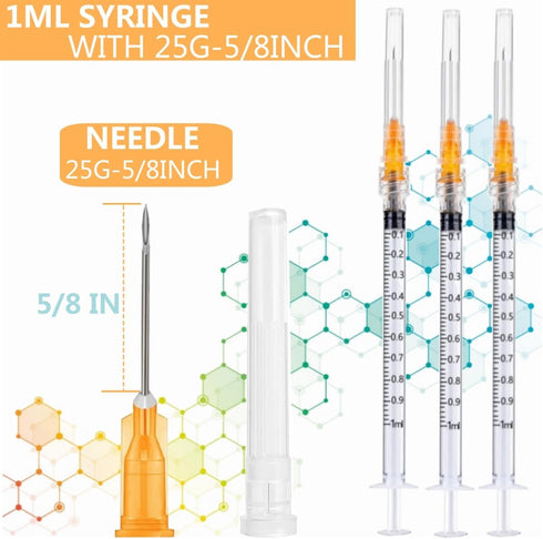 50 Pack 1ml 25 Gauge 5/8 Inch, for Scientific Labs, Industrial Dispensing and Liquid Measuring Supplies, Individually Sealed Packaging
