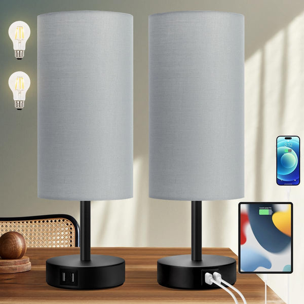 Yarra-Decor Bedside Lamps with USB Port - Touch Control Table Lamp Set of 2, Round Grey Fabric Shade