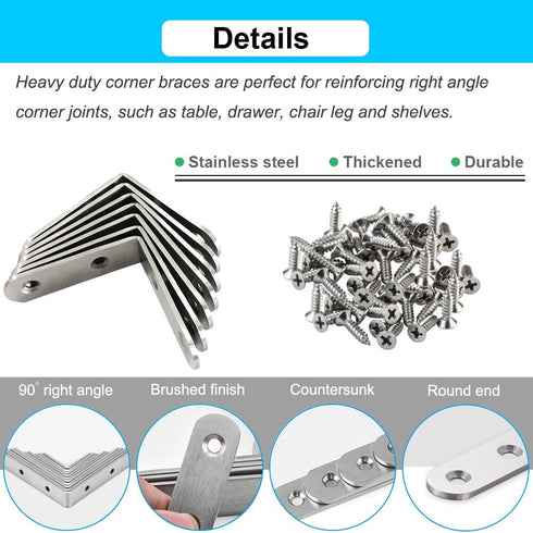 8 Pack 2 Inch 90 L Bracket Corner Braces Stainless Steel Heavy Duty Shelf Bracket for Wood Shelves, Wall Hanging
