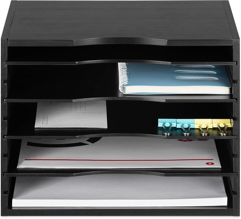 Navaris Bamboo Desk File Organizer, Paper Tray Letter Storage with 4 Adjustable Shelves, Desktop Inbox Trays, Black