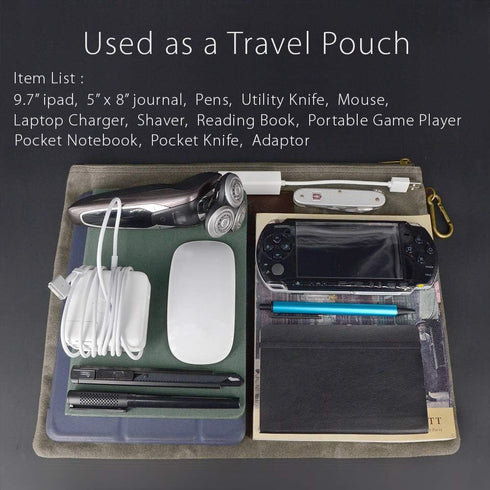 Water Resistant Zipper Document Holder, Fits Manila Folder, Rustic Large Waxed Canvas Pouch with Leather, Olive