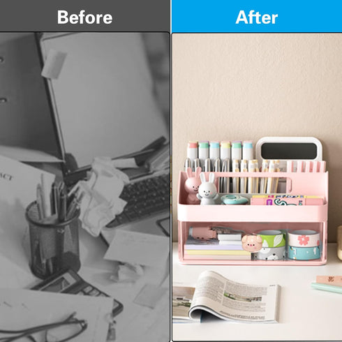 Marte Vanci Desk Organizer with Drawer, Cute Desktop Stationery Caddy, Plastic Makeup Storage Box for Home Office Crafts