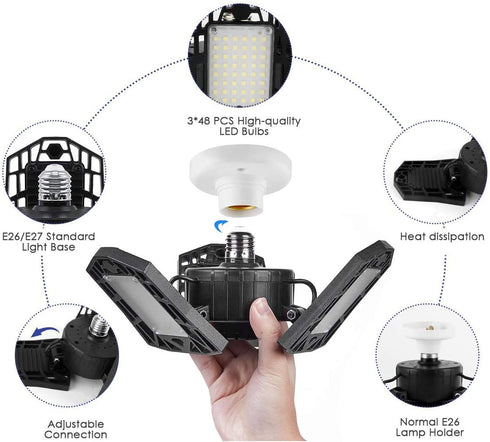 KONPWAY 6000 6500K 60W, Deformable LED Garage Light - Lumen Daylight Three Leaf Garage Organization Ceiling Lighting