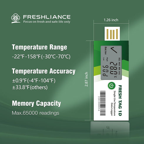 Freshliance Temperature Data Logger LCD Single Use with PDF Report, 180 Days, 1 Pack