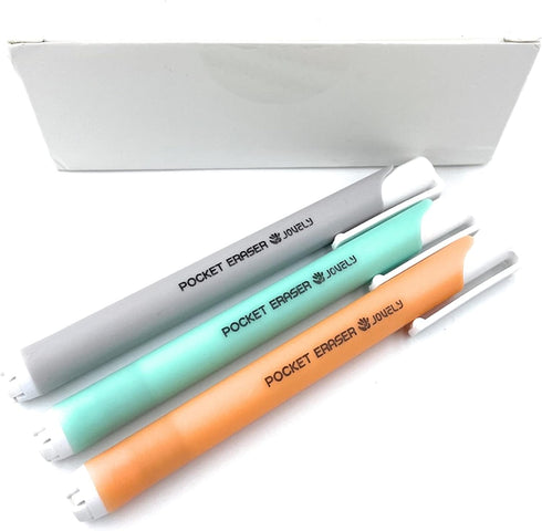 Retractable Click Pocket Eraser, Portable Pen-Style Latex-Free Pencil Erasers with 3 Assorted Barrels.