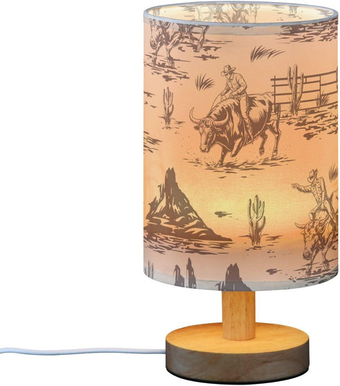 Bedside Lamp West Cactus Cowboy Table Lamp for Bedroom LED Nightstand Lamp Shade USB Ports Wood Base for Living Room