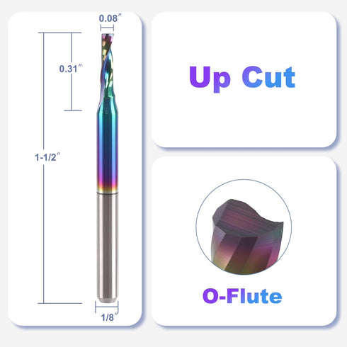 10 1/8 inch Pcs O Flute Spiral Router Bit Shank, Up Cut Solid Carbide Milling Cutters with DLC Coating, Single Flute