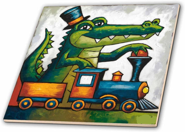 3dRose Funny Cute Colorful Alligator Playing with Model Train Set Gator 8