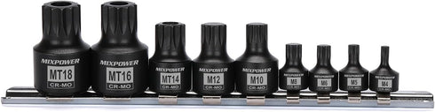 Set, M4- M18, 9 Set MIXPOWER Low Profile Impact Triple Square Bit Socket Solid One Piece Construction, Chrome