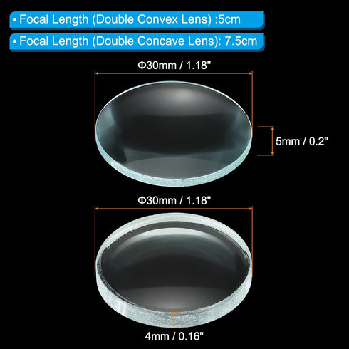 PATIKIL 5cm Focal Length 30mm Double Convex and 7.5cm Focal Length 30mm Double Concave Lens 1 Set, 2 Pack Glass Optically Polished Round Edges Lens for Physics Experiment Classroom, Clear