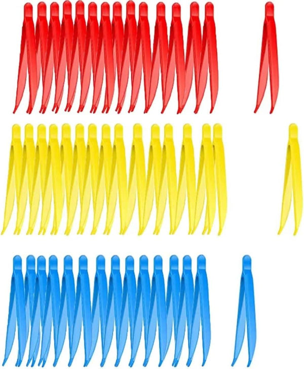 120 Count Plastic Tweezers, Yellow Blue and Red Disposable Forceps for Medical, Crafts, Lab, School