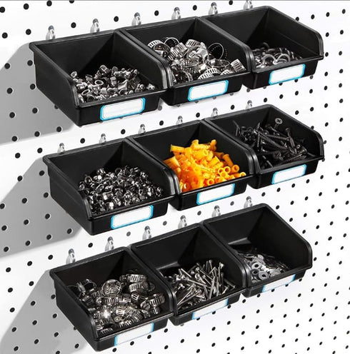 16pcs Black Pegboard Cups and Peg Hooks, Square Box Shape 1/4" 1/8" Cup Holder Accessories for Garage Craft Storage