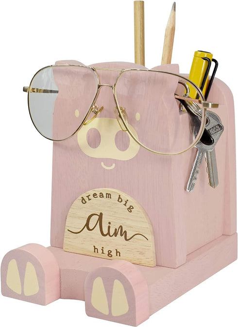 Wood Multipurpose Eyeglass Phone Pen & Pig Pencil Holder, Desk Box Organizer Accessories Decor, Home Office Desktop