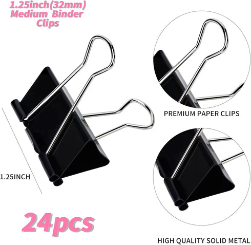 Medium Binder Clips and Paper Clips, 24 Pcs, 1.25 Inch Black Metal for Office, Home, School