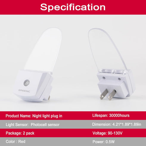 2 Pack GREENIC Red Plug in LED Night Light Dusk to Dawn Sensor for Bedroom, Bathroom, Kitchen, Hallway