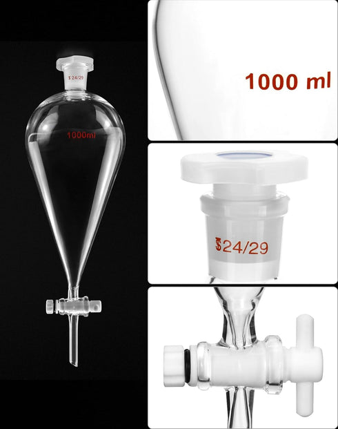QWORK 1000ml Heavy Wall Conical Separating Funnel, 24/29 Fitting with PTFE Stopcock + Laboratory Distillation Support