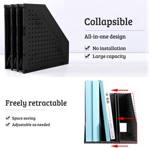 SAYEEC 1Pcs Collapsible Plastic Magazine File Holder, 3 Compartments for Desk Organizer (Black)