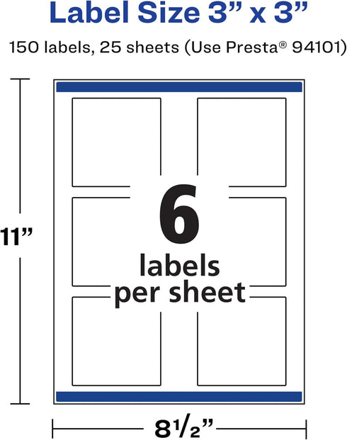 Avery 150 Durable Waterproof Square Labels, 3" x 3", Oil and Tear-Resistant for Laser/Pigment-Based Inkjet Printing