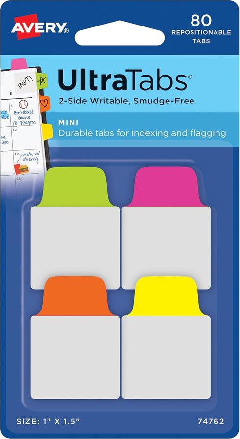 Avery Mini Ultra Tabs, 1" x 1.5", 2-Side Writable, Assorted Neon Colors, 80 Repositionable Tabs