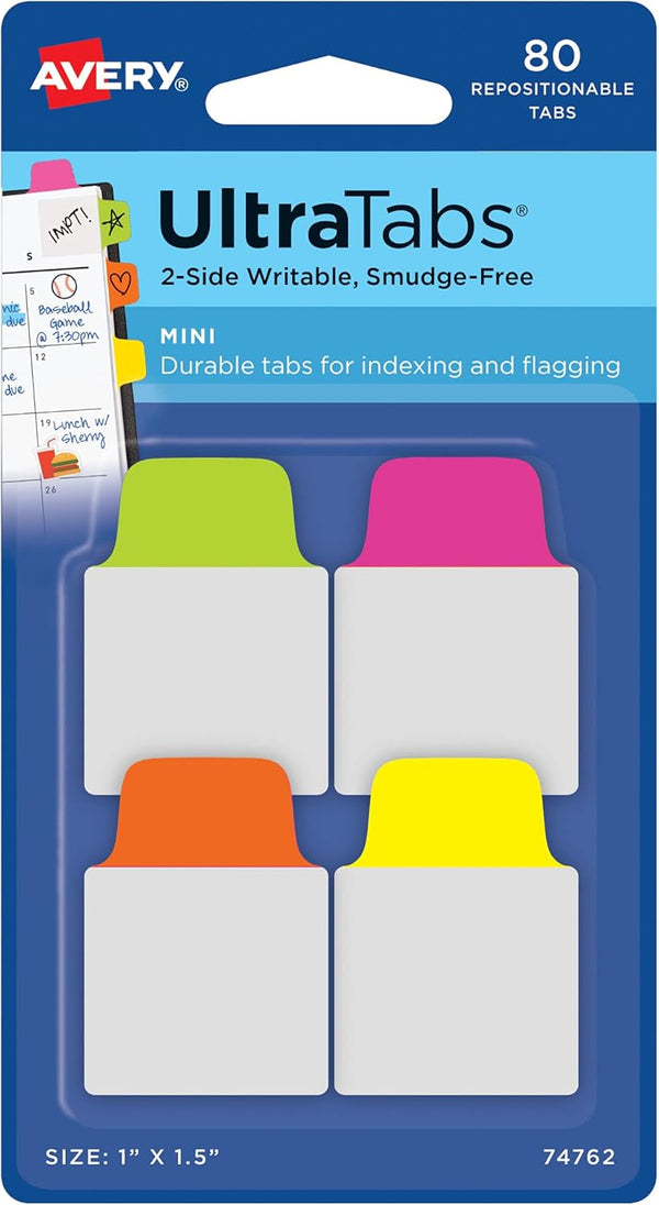 Avery Mini Ultra Tabs, 1" x 1.5", 2-Side Writable, Assorted Neon Colors, 80 Repositionable Tabs