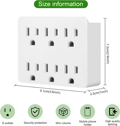 6 Outlet Wall Adapter, FiiMan UL Listed 3-Prong Grounded Outlet Side Access Adapter, White