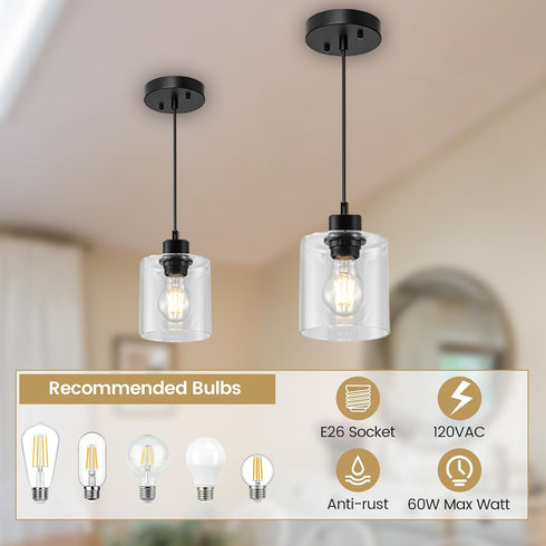 1 E26 2 Packs Light Hanging Pendant Light Fixtures, Adjustable Black Pendant Lights Kitchen Island, Modern Farmhouse