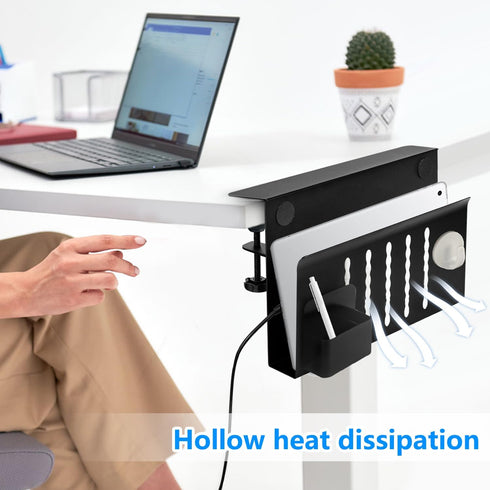 Desk Side Storage, Laptop Metal Organizer, Under Desk Holder with Pen Holder and 2 Hooks, Black