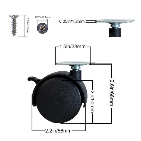 2 Inch Furniture Caster Wheels, 4 Pcs Swivel Plastic Rollers with Locks for Cabinet Drawer Table Desk