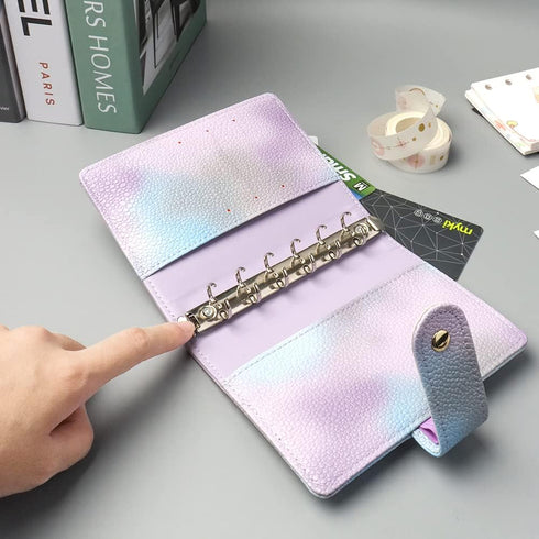 Purple PU Leather Budget Binder Cover, A7 6-Ring Money Organizer, Refillable Loose Leaf Receipt Notebook with Pockets