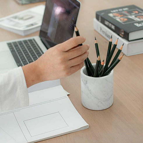 Natural Marble Pencil Pen Holder Stand for Desk, Makeup Brush Cup, Durable Office & Home Organizer, White