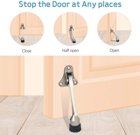 Door Stopper, Adjustable Kick Down Stops for Heavy Doors, Rubber Tip & Spring Lever, 4-Inch, Satin Nickel (2 Pack)