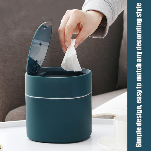Mini Desk Trash Can with Lid, 0.5 Gallon Blue Plastic Covered Waste Basket with 180 Trash Bags